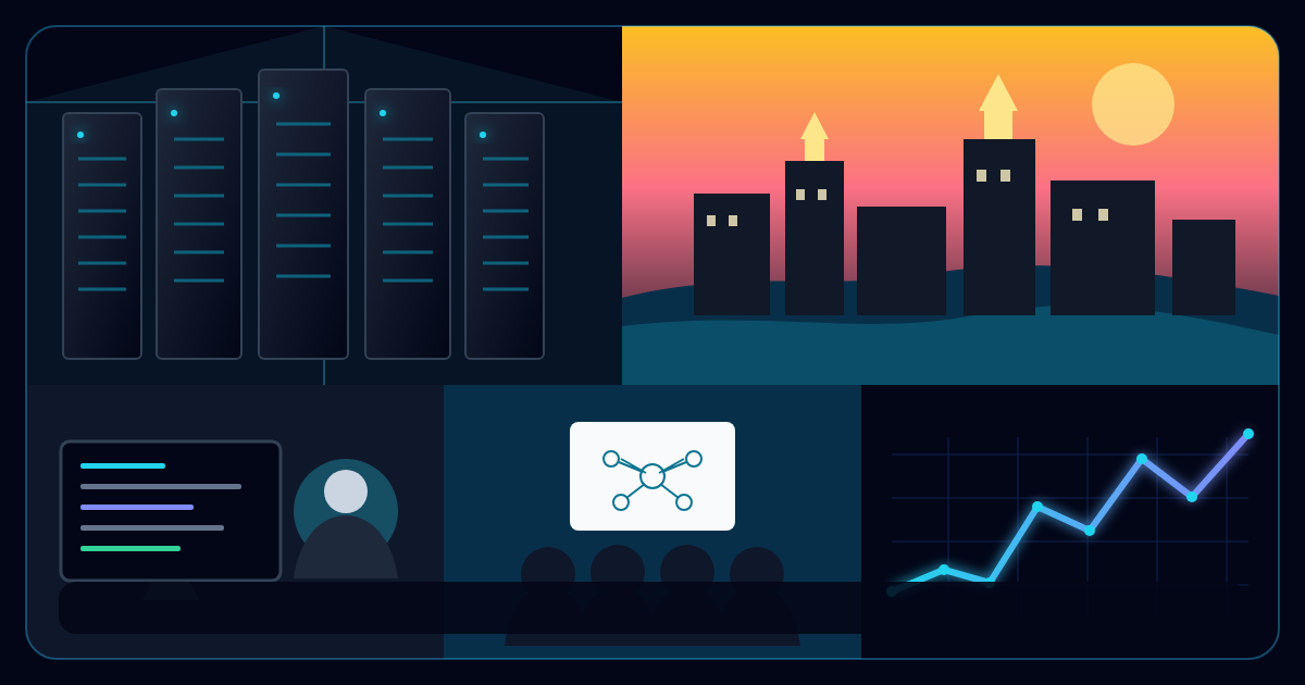 Editorial collage showing AI data centers, software development, enterprise AI, Cambodia's digital economy, and global markets.